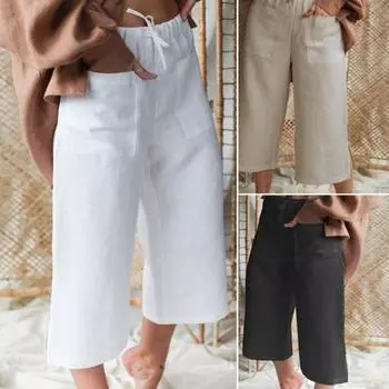 Женские укороченные брюки с эластичной резинкой на талии и регулируемым шнурком, повседневные брюки, однотонные прямые широкие брюки до середины икры с карманами