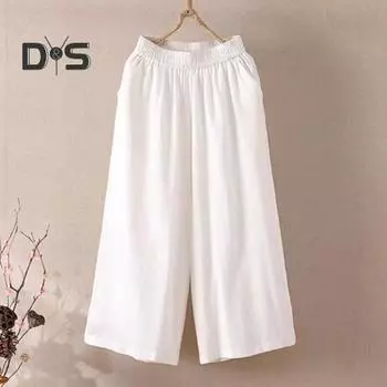 Женские укороченные брюки с эластичной резинкой на талии, широкие брюки со средней посадкой и карманами, однотонные свободные повседневные брюки M жёлтый