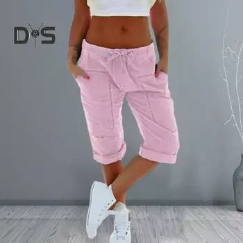 Женские укороченные брюки с эластичной талией на шнурке, однотонные, с карманами, длиной до середины голени, повседневные мягкие дышащие женские повседневные летние брюки M синий