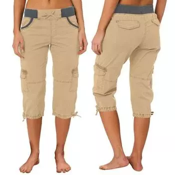 Женские укороченные брюки с высокой талией, регулируемые брюки-карго на шнурке с карманами, дизайнерские летние повседневные походные брюки для бега L верблюд