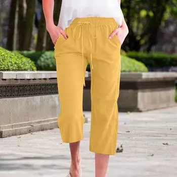 Женские укороченные брюки средней посадки с эластичной талией, регулируемые повседневные брюки на шнурке с карманами, свободные летние брюки M жёлтый
