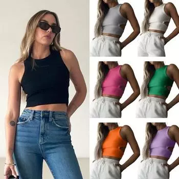 Женские укороченные топы без рукавов с круглым вырезом на спине, с открытой грудью, сплошной цвет M зелёный