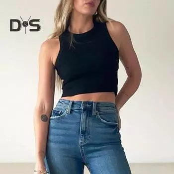 Женские укороченные топы без рукавов с круглым вырезом сзади, с запахом на груди, однотонные, облегающие, короткие, с жилетом, уличные топы M зелёный