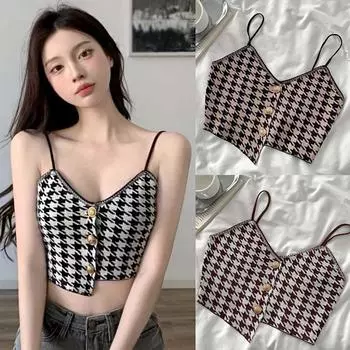 Женские укороченные топы Майки без рукавов Трикотажные майки в клетку