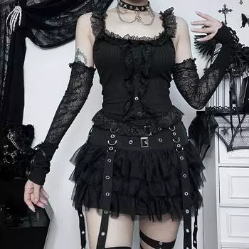 Женские укороченные топы на бретельках с кружевной отделкой в стиле гранж, готический стиль, футболка в стиле Хараку в стиле панк, повседневная майка для девочек, сексуальная футболка с открытыми плечами