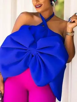 Женские укороченные топы с лямкой на шее, рубашки, летние лоскутные рубашки с большим галстуком-бабочкой и открытой спиной, вечерняя клубная одежда, вечерние, вечерние, майки, блузка S ярко-розовый