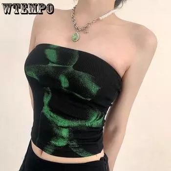 Женские укороченные топы WTEMPO, готические, темные, черные, в стиле панк, Y2K, тонкие жилеты без бретелек и открытой спины, летние базовые топы-трубы S чёрный