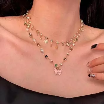 Женские украшения, ожерелье с подвеской в виде двойной бабочки, женское ожерелье со стразами, индивидуальное жемчужное ожерелье, подарок для женщин