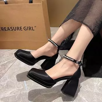 Женские ультра-высокие водонепроницаемые босоножки на толстом каблуке с квадратной головкой Baotou большого размера на высоком каблуке 34 чёрный