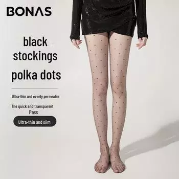 Женские ультратонкие чулки Bonas Sexy Black Polka Tock с защитой от защемления ног для ночного клуба silk 15D, one size чёрный