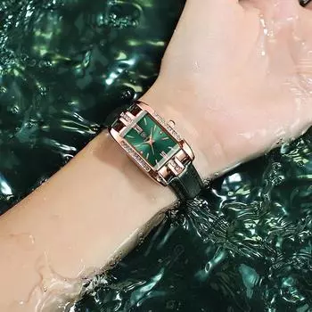 Женские ультратонкие модные часы, зеленые кожаные квадратные водонепроницаемые кварцевые часы с бриллиантами, роскошные красивые женские вечерние часы белый