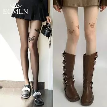 Женские ультратонкие шелковые чулки с принтом бабочки, татуировки на бедрах, шелковые колготки, женские колготки с рисунком, чулки One size чёрный