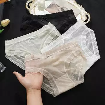 Женские ультратонкие трусы-брифы полупрозрачные сетчатые трусики с заниженной талией и бантом M чёрный