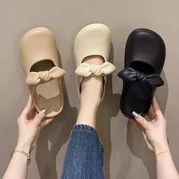 Женские уличные домашние тапочки Comzy Anti-Slip House Cotton Shoes Cute Bowknot Flat Slipper Couples Slides Весна Лето 36-37 чёрный