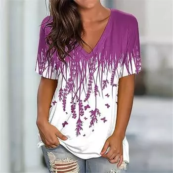 Женские уличные футболки с рисунком растений и цветов, свободные повседневные летние топы с короткими рукавами и v-образным вырезом с 3D принтом, женские футболки больших размеров S