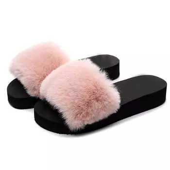 Женские уличные меховые тапочки Сандалии на плоской подошве Мягкая повседневная обувь Домашние тапочки Удобная обувь Меховые шлепанцы Сандалии на танкетке для женщин 4 бежевый
