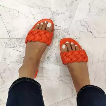 Женские уличные пляжные тапочки большого размера, летние модные кожаные шлепанцы на плоской подошве с открытым носком, брендовые дизайнерские тканые женские тапочки 37 оранжевый