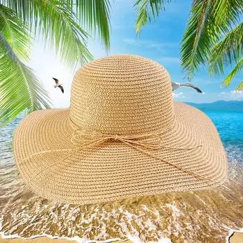 Женские уличные солнцезащитные шляпы с бантом и широкими полями, защита от ультрафиолета, соломенная шляпа с рюшами, складная элегантная праздничная шляпа бежевый
