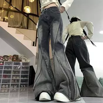 Женские уличные свободные хип-хоп джинсы с высокой талией, расклешенные, женские осенние модные шикарные широкие брюки S черный серый
