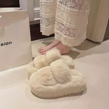 Женские уличные тапочки с мехом 2024 года — подошва толщиной 7 см, идеально подходят для осени/зимы 40-41 Standard Size
