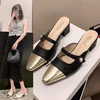 Женские уличные туфли Мэри Джейн на толстом каблуке Baotou, новые сандалии на полуслипонах для вечеринок 35 чёрный