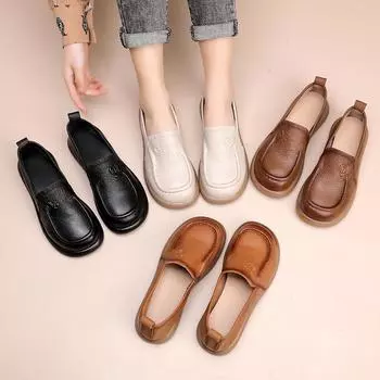 Женские универсальные лоферы для отдыха, однотонные туфли без шнуровки из натуральной кожи с круглым носком и мягкой подошвой 39 коричневый