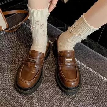 Женские универсальные однослойные туфли с круглым носком и толстым каблуком, черные, коричневые, винтажные кожаные туфли, мокасины 35 чёрный