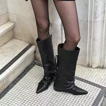 Женские универсальные плиссированные рыцарские сапоги из коровьей кожи с внутренней платформой в стиле ретро с острым носком, складные сапоги-трансформеры 35