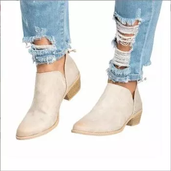 Женские универсальные повседневные кожаные ботильоны на низком каблуке и толстом каблуке с острым носком, большие размеры 35 бежевый