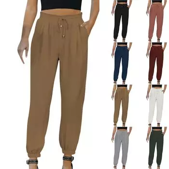 Женские универсальные повседневные однотонные леггинсы с высокой талией и завязками L чёрный