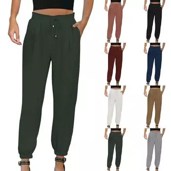 Женские универсальные повседневные однотонные леггинсы с высокой талией и завязками L чёрный