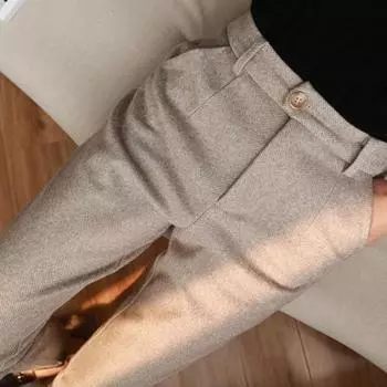 Женские универсальные рабочие брюки, стильные женские брюки с высокой талией для осени и зимы с застежкой-молнией на пуговицы, ширинка в елочку, шерстяная ткань S хаки