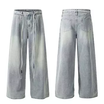 Женские универсальные спортивные джинсы для работы, повседневные, винтажные, светло-голубые, модные, с завязками, широкие джинсы High Street S синий