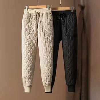 Женские утепленные брюки из пухового хлопка, модные осенне-зимние, с высокой талией, утягивающие, завязывающиеся, свободного кроя M чёрный