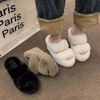 Женские утепленные плюшевые меховые тапочки, зимние мокасины на толстой платформе, мюли на танкетке, женские хлопковые тапочки на толстой подошве, шлепанцы 35 чёрный