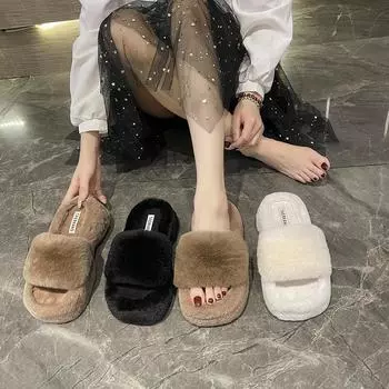 Женские утепленные плюшевые тапочки на меху, зимние слипоны, лоферы на массивной платформе, туфли-лодочки, женские хлопковые тапочки с толстой подошвой, шлепанцы 35 бежевый