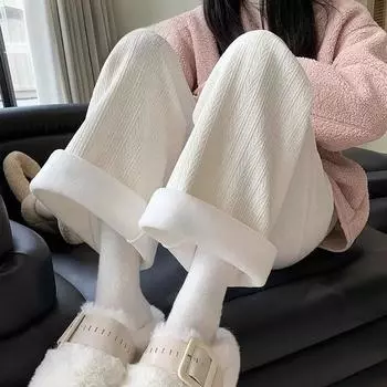 Женские утолщенные бархатные теплые широкие брюки из кашемира с высокой талией, прямые теплые брюки для женщин, полосатые новые осенне-зимние брюки M чёрный