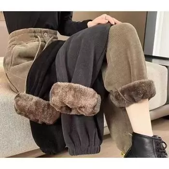 Женские утолщенные брюки из овечьего кашемира, осенне-зимние бархатные теплые повседневные брюки Harun S чёрный