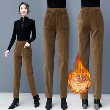 Женские утолщенные брюки из овечьего кашемира на осень-зиму из вельвета с бархатными теплыми брюками, женские брюки-харлан, повседневные брюки для мам XXXL чёрный