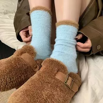 Женские утолщенные носки до середины икры, осенние и зимние, из искусственной норки, японский плюш, теплые, подходящие по цвету, ворсовые носки для дома чёрный
