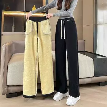 Женские утолщенные теплые брюки из овечьего флиса, бархатные женские осенне-зимние модные свободные брюки, кашемировые повседневные брюки S чёрный