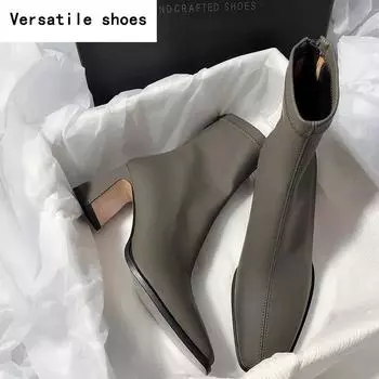 Женские утягивающие короткие сапоги, модные квадратные туфли на высоком каблуке с молнией сзади, осень-зима, новые женские ботильоны 35