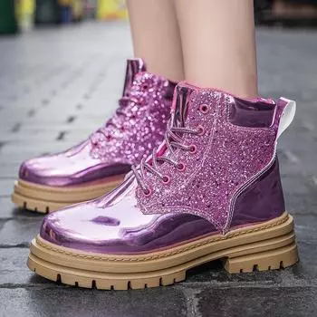 Женские увеличенные сапоги, модные блестящие кожаные уличные ботинки челси для женщин, повседневная обувь, ботинки на платформе для мотоциклистов 35