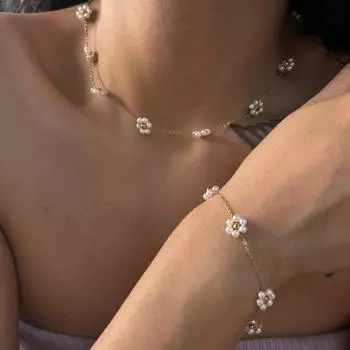 Женские ювелирные изделия Ремешки Летнее ожерелье с жемчужным цветком Модное ожерелье из титановой стали Цепочка на талию Браслет на щиколотку Набор из титановой стали Сохранение цвета
