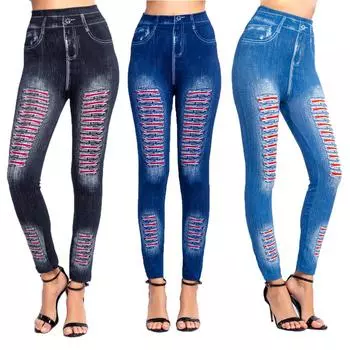 Женские узкие брюки Брюки-карандаш с высокой талией Облегающие джеггинсы Стрейч-джинсы из искусственного денима Бесшовные леггинсы с принтом Колготки с контролем живота Поддельные джинсы M темно-синий