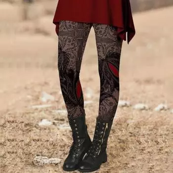 Женские узкие брюки, осень-зима, винтажные, в этническом стиле, с цветочным принтом, супер-эластичные, облегающие, с высокой талией, женские длинные леггинсы, брюки, женская одежда 2XL светло-коричневого