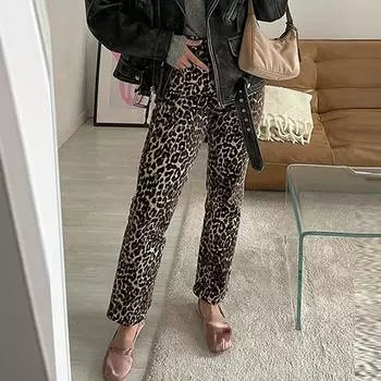 Женские узкие брюки прямого покроя с леопардовым принтом, с высокой талией и карманами, модные винтажные уличные брюки S цветной печати леопарда