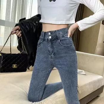 Женские узкие джинсы-карандаш с высокой талией и двумя пуговицами — осень 2021 г., корейский стиль 28 светло-синий
