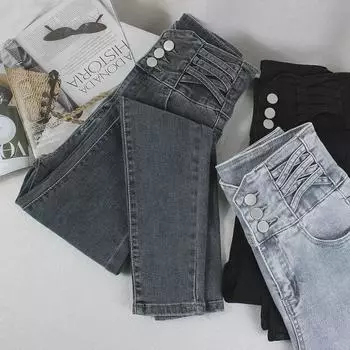 Женские узкие джинсы с ультравысокой талией и тремя пуговицами — стиль осень/зима 27 темно-серого