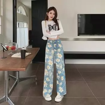 Женские узкие джинсы с высокой талией 2024 года: Прямые, свободные, с цифровой печатью, стираные, широкие брюки для уборки на весну и осень L